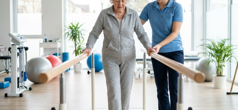 Physiotherapist guiding a patient through hip rehabilitation exercises