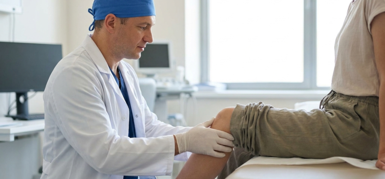 Orthopaedic surgeon examining a patient’s knee joint