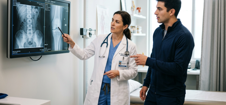 Orthopaedic specialist reviewing an X-ray with an athletic patient